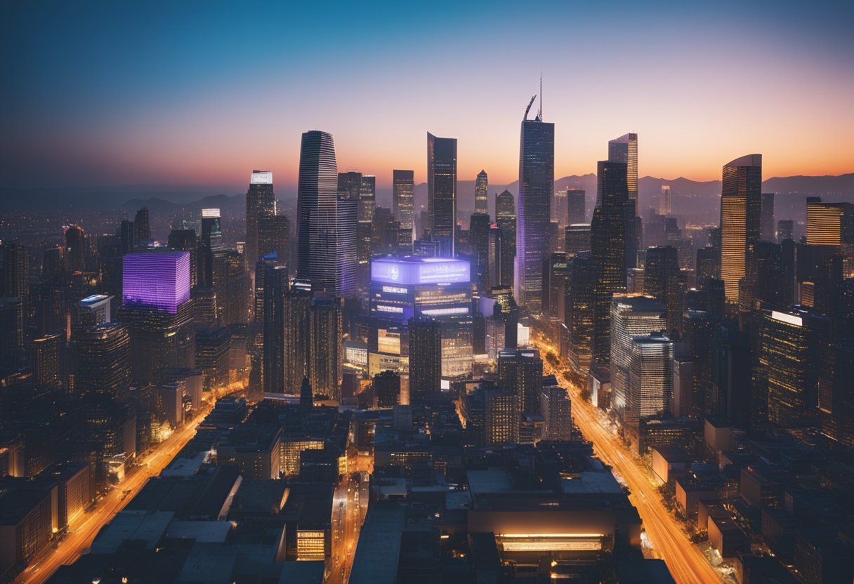 A bustling cityscape with towering skyscrapers, a neon-lit Universal Music Group headquarters, and a sea of digital music streaming platforms