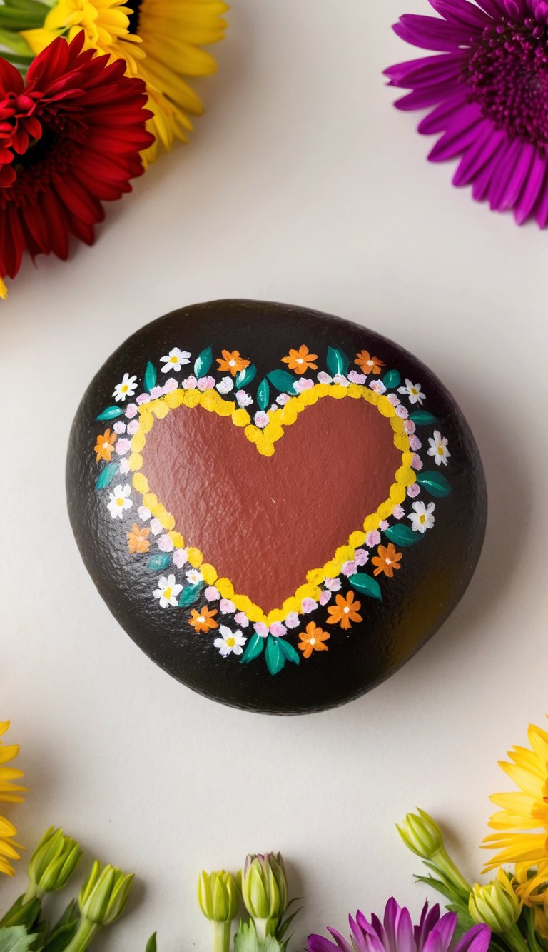 A heart-shaped rock surrounded by a colorful bouquet of flowers