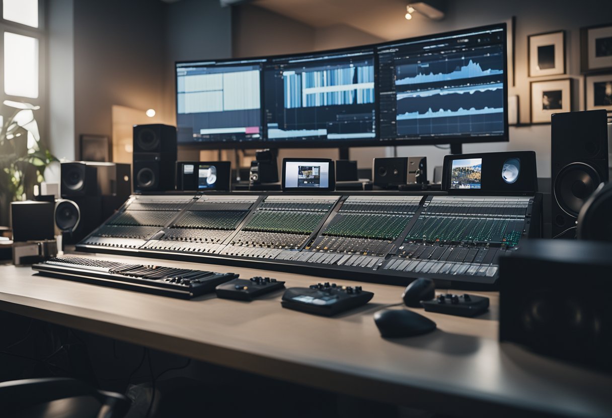 A bustling office with creative tools and music equipment, surrounded by digital screens displaying various artists and albums