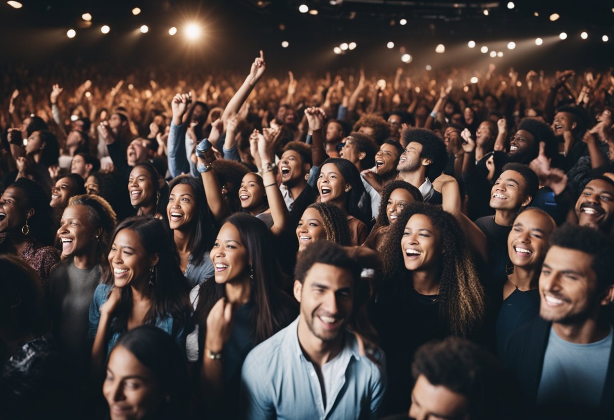 A crowded concert venue with diverse audience members dancing and singing along to music from various Universal Music Group artists