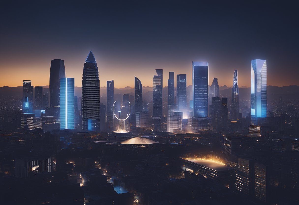 A futuristic city skyline with a glowing Universal Music Group headquarters towering above the surrounding buildings