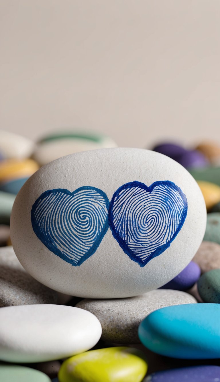 Two heart-shaped rocks with fingerprint designs sit side by side on a bed of colorful painted rocks