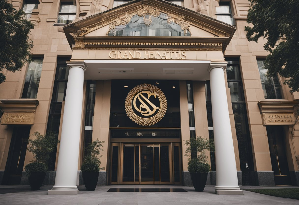 A grand, opulent music label headquarters with a prominent logo displayed
