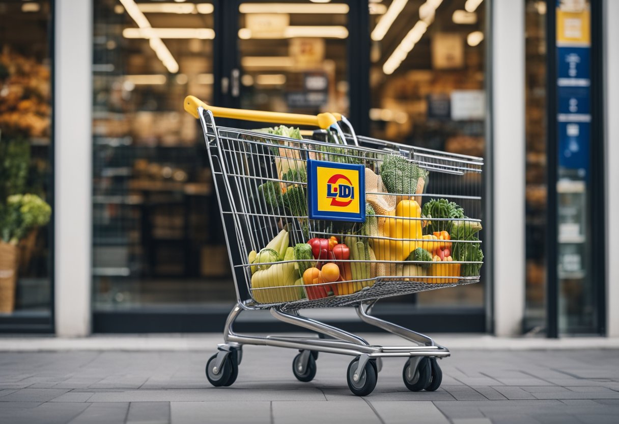 A shopping cart filled with groceries from Lidl, a logo visible on the storefront