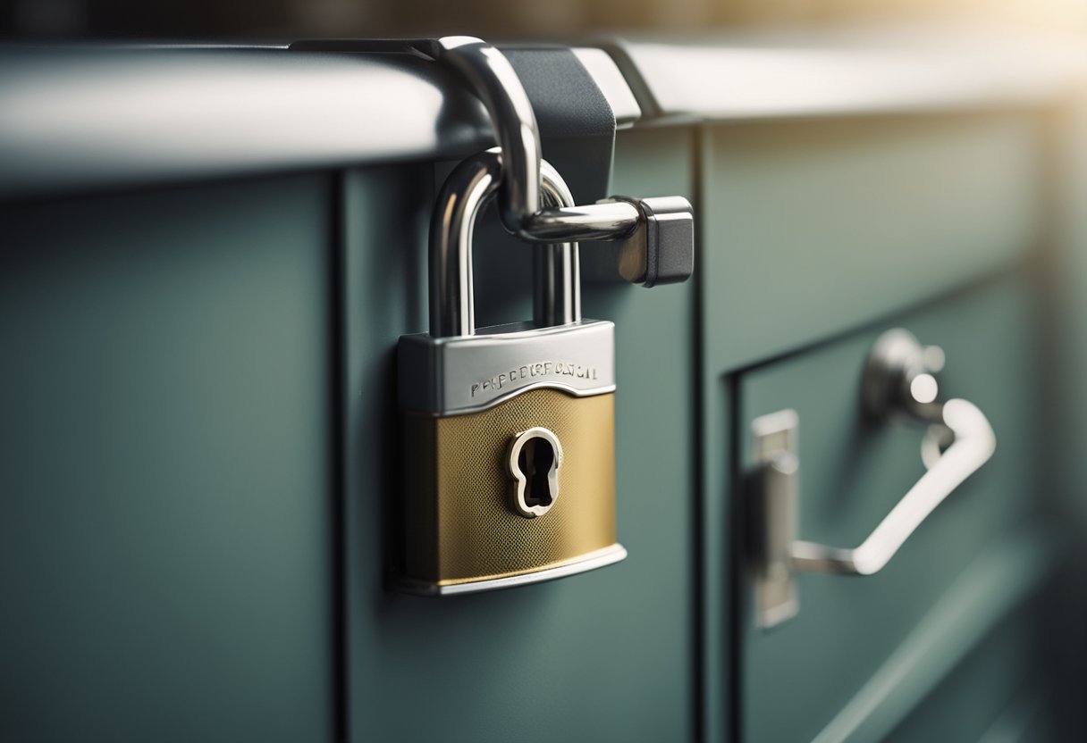 A padlock secured on a filing cabinet, surrounded by a shield with a lock symbol, and a keyhole