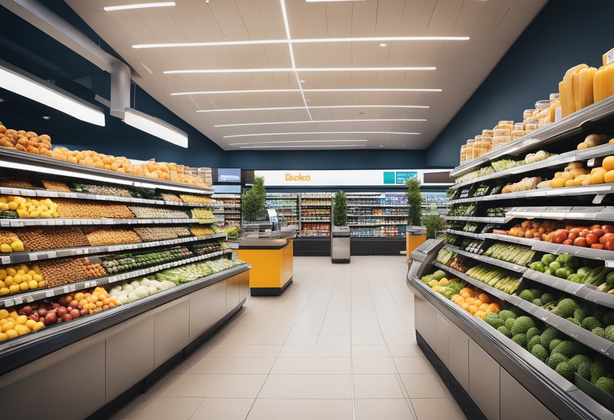 A modern, sleek supermarket with advanced self-checkout kiosks and automated inventory management systems