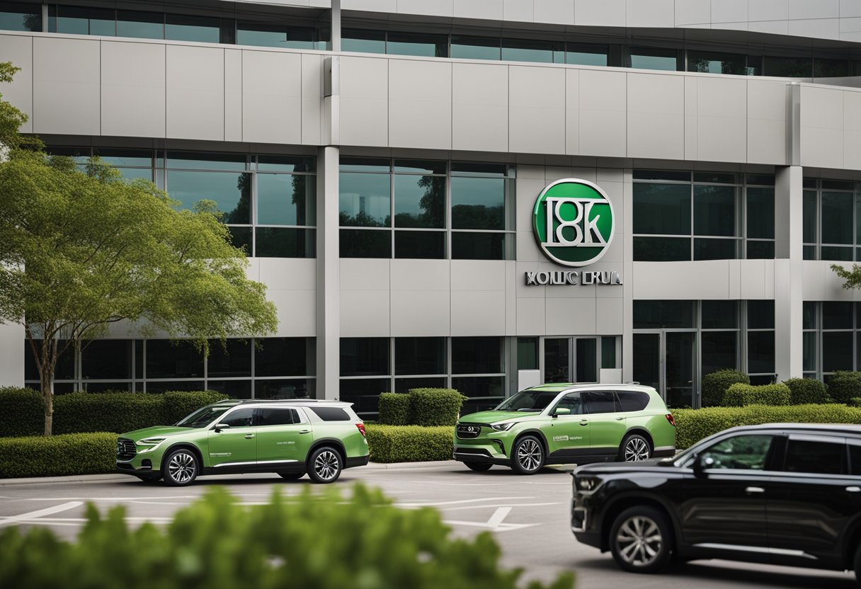 A modern office building with the corporation's logo displayed prominently on the exterior. Vibrant green landscaping surrounds the building, and a row of sleek company vehicles is parked out front