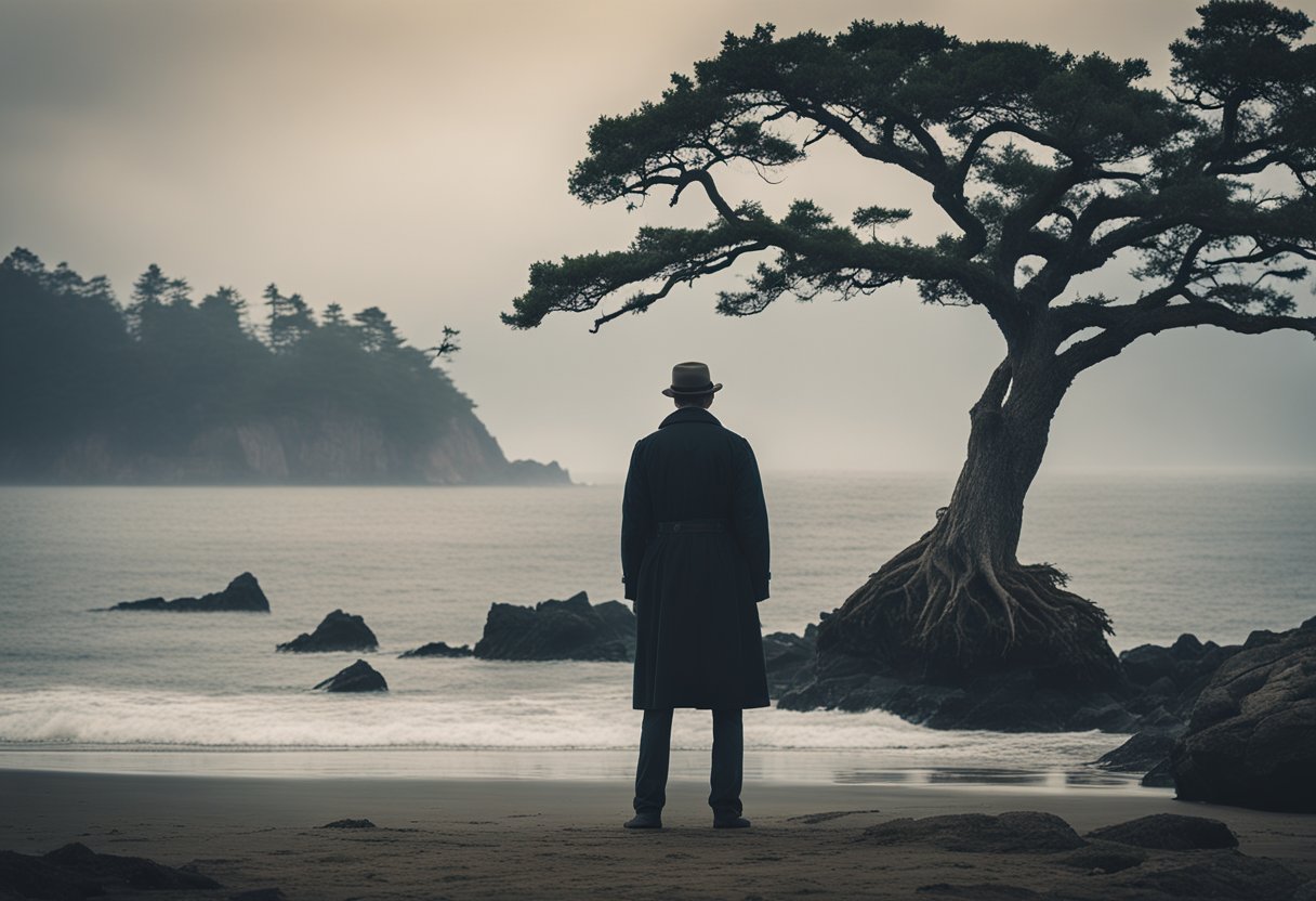 A lone figure stands on the shores of Oak Island, gazing out at the misty horizon, surrounded by rugged cliffs and ancient trees