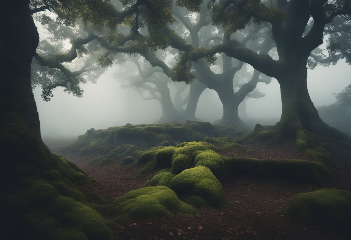 An eerie, fog-covered island with a deep, mysterious pit surrounded by ancient oak trees and hidden treasure