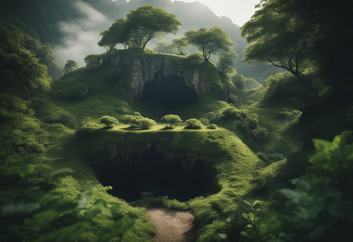 A rugged, mysterious island with dense forests, hidden tunnels, and buried treasure