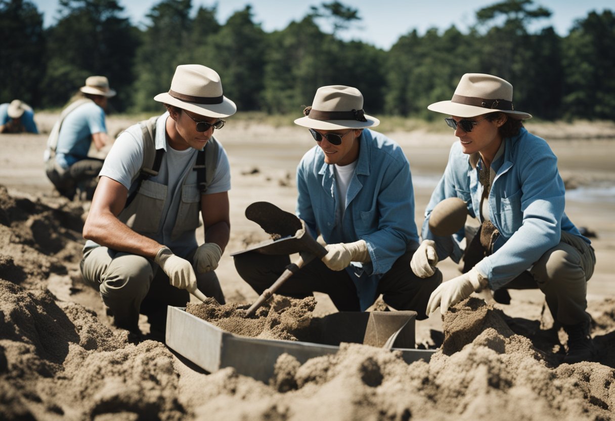 A team of researchers excavating artifacts on Oak Island