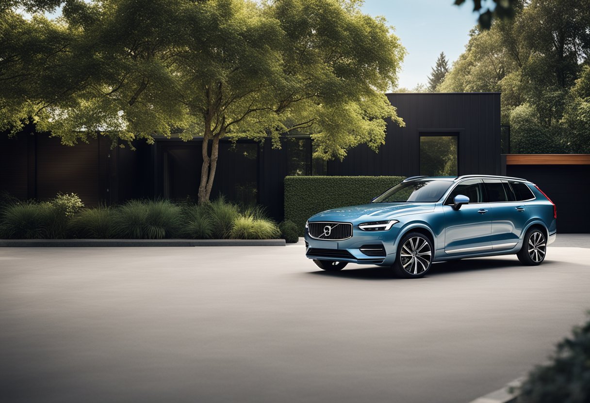A Volvo car parked in a modern driveway, surrounded by lush greenery and a clear blue sky