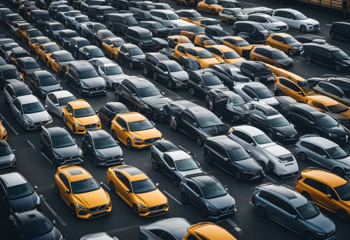 A fleet of Volvo cars being transported on cargo ships around the world