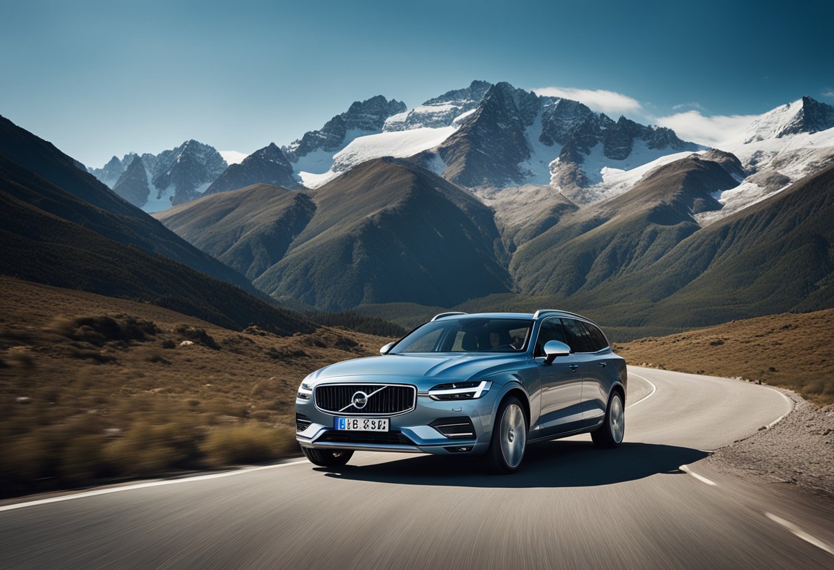 A Volvo car driving through rugged terrain, with mountains in the background and a clear blue sky above