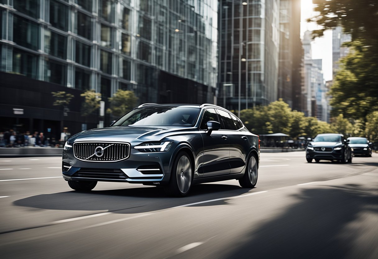 A sleek Volvo car driving through a bustling city, surrounded by modern buildings and technology