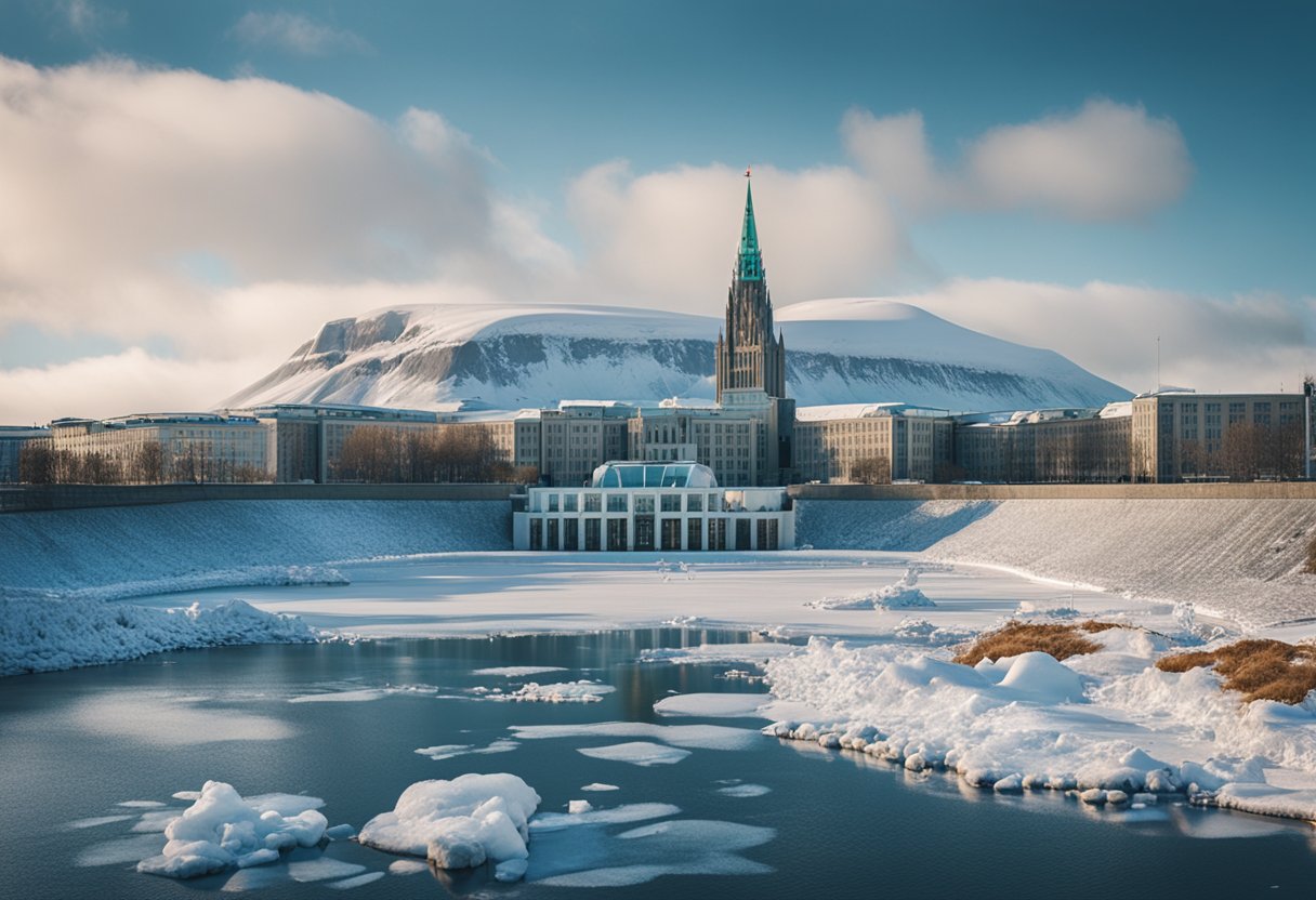 A grand, icy landscape with a towering parliament building at the center, representing the political structure of Iceland