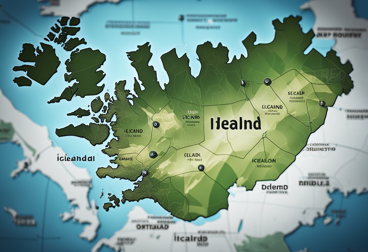 A map of Iceland with various economic indicators and statistics displayed, surrounded by charts and graphs showing ownership and distribution of resources