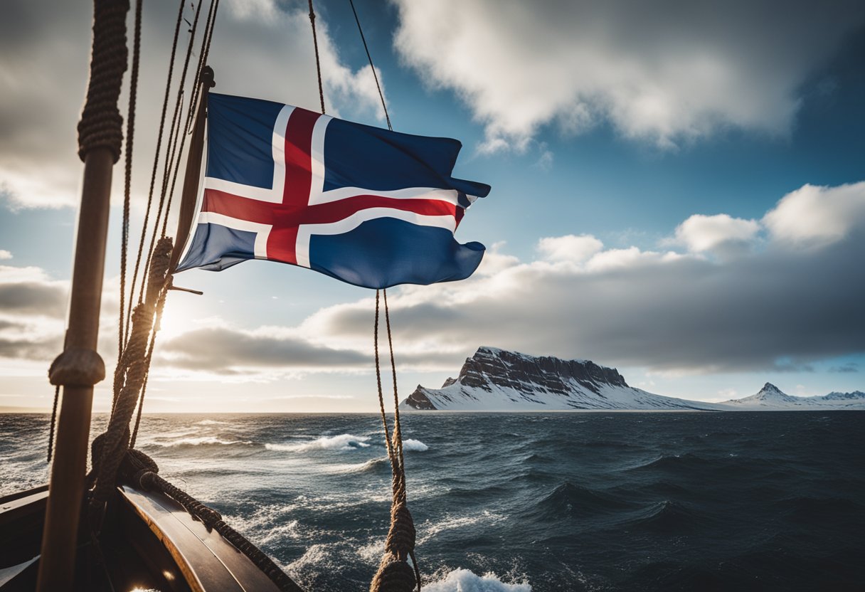 A Viking ship sailing towards Iceland's rugged coastline, with the country's flag flying proudly in the wind