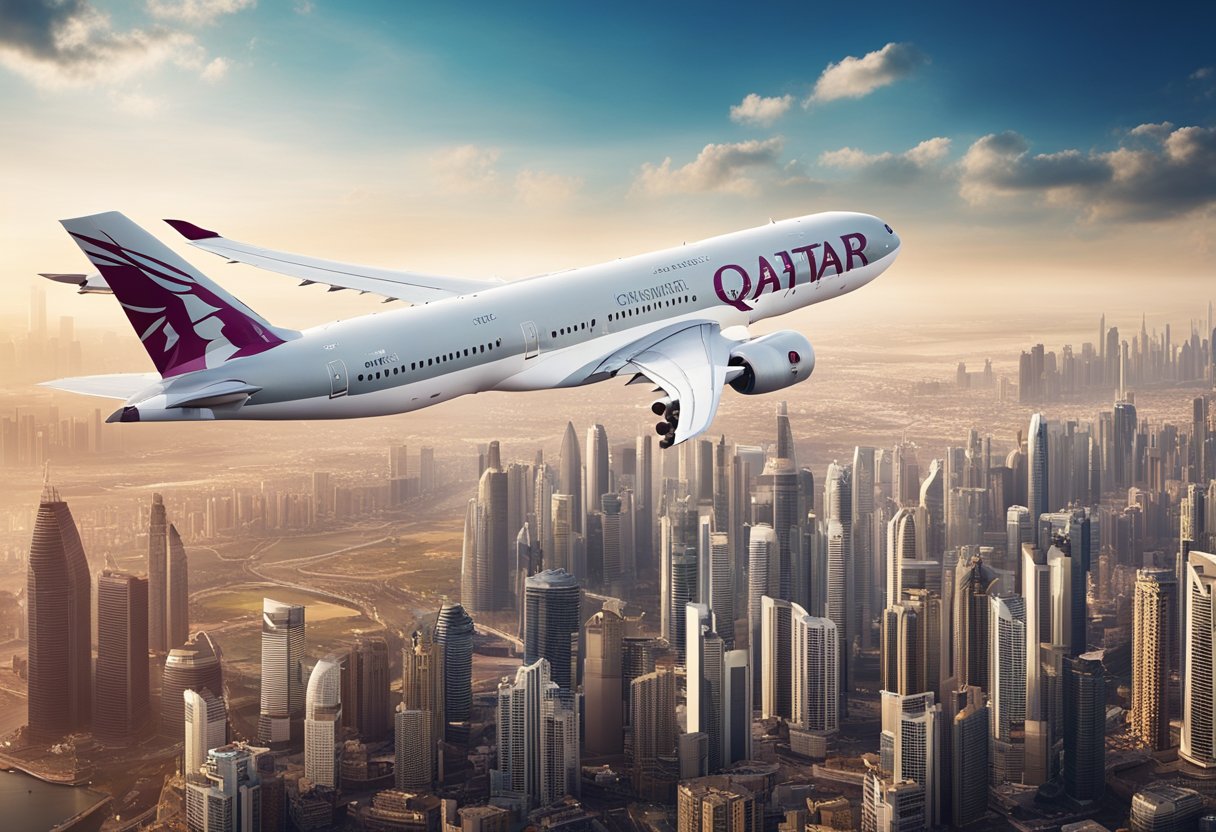 A Qatar Airways plane flying over a city skyline with various service icons (e.g. meals, entertainment, comfort) surrounding it