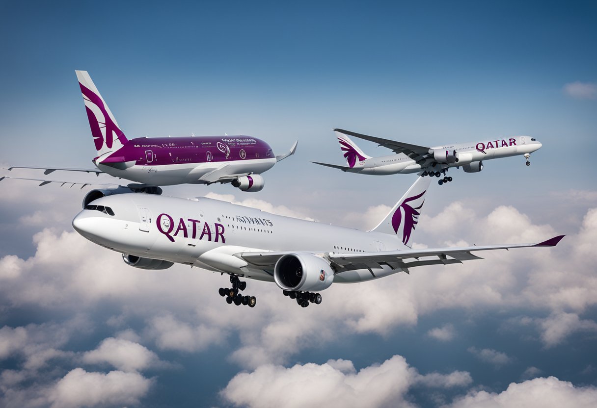 A Qatar Airways plane flying alongside other Oneworld Alliance aircraft in the sky