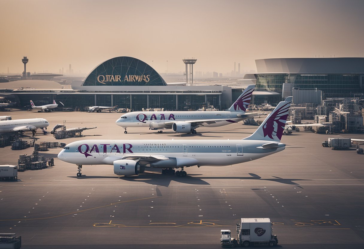 A Qatar Airways plane parked next to other airline aircraft at a busy airport terminal, with logos and branding visible on the planes