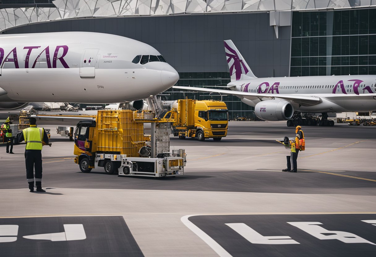 Busy hub operations at Hamad International Airport with Qatar Airways planes being loaded and unloaded, ground crew working, and vehicles moving around the tarmac