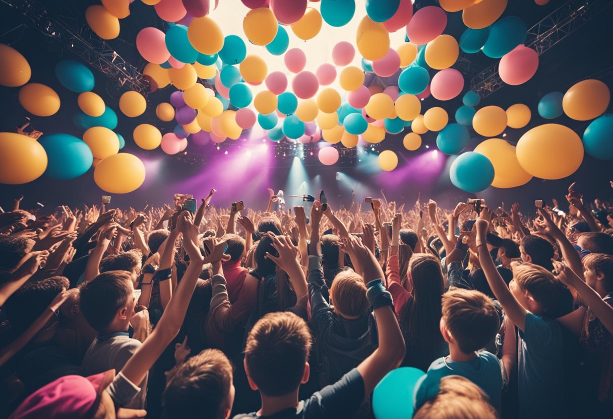 A colorful stage with microphones and musical instruments, surrounded by a crowd of excited children