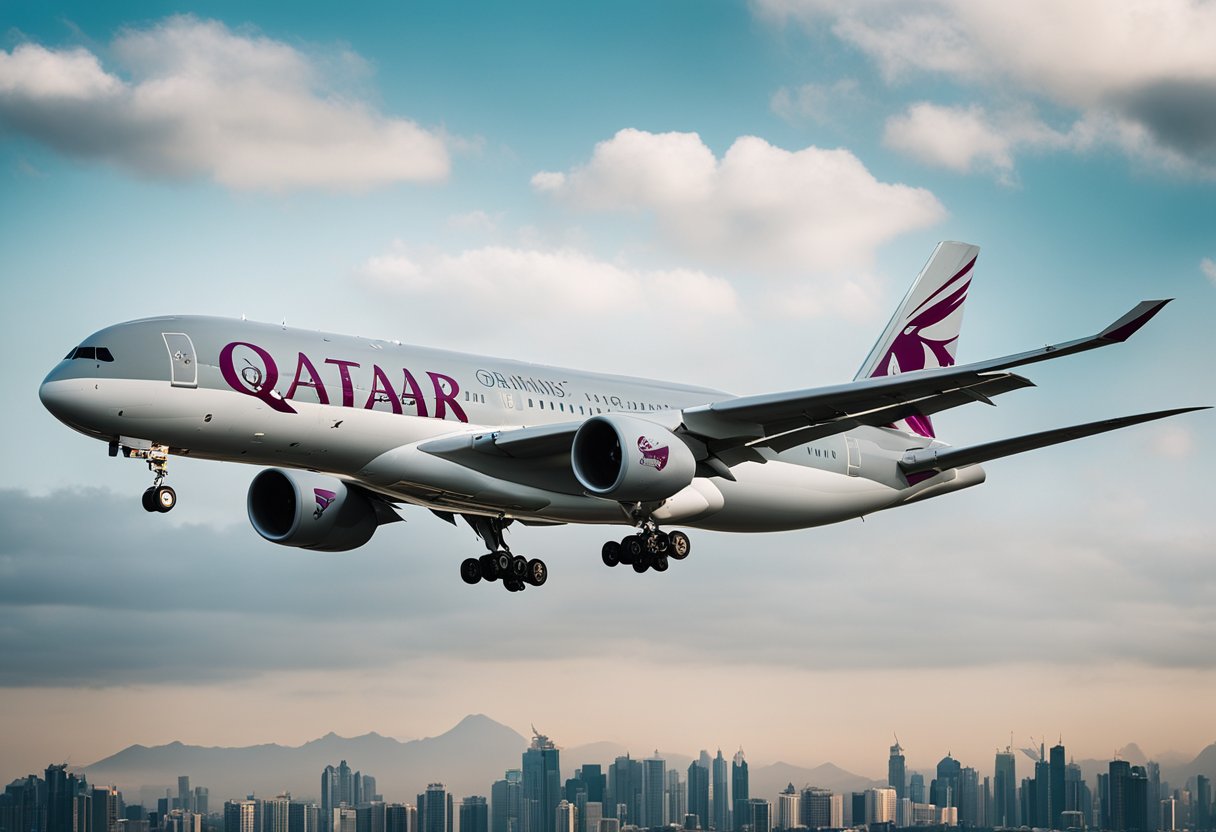 A Qatar Airways plane soaring through the sky, adorned with awards and accolades displayed on its exterior