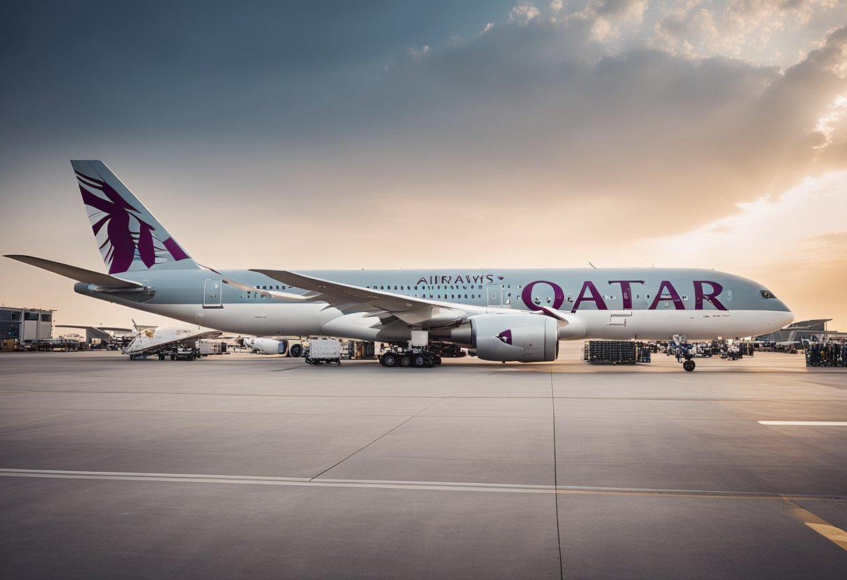 A Qatar Airways plane parked at a bustling airport gate, with a crowd of passengers boarding and a line of planes in the distance