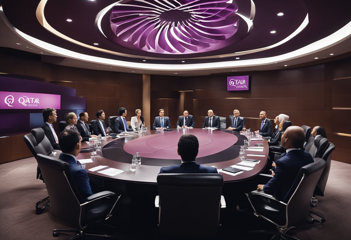 A group of corporate leaders sit around a conference table, with the Qatar Airways logo displayed prominently on the wall behind them