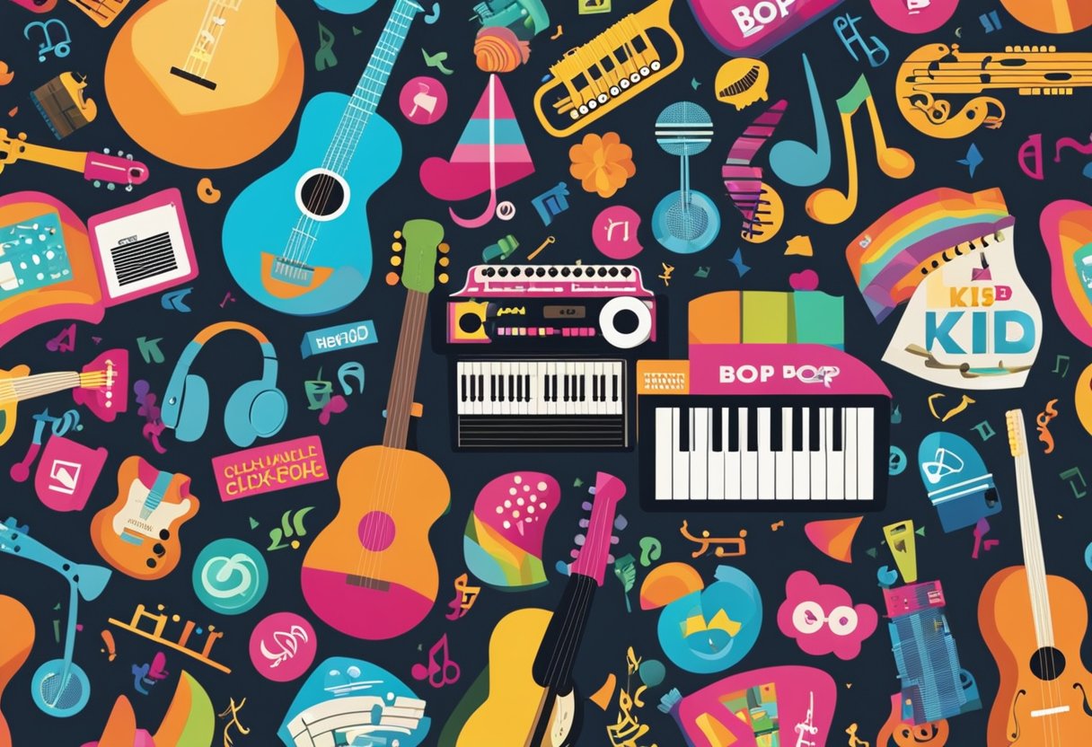 A colorful collage of musical instruments and genres, with a prominent Kidz Bop logo, owned by Elise Ecklund
