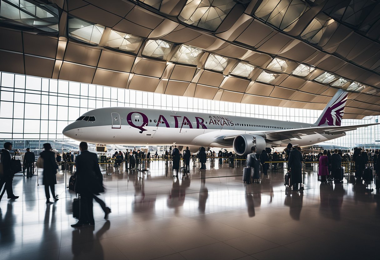 A Qatar Airways plane parked at the airport gate, surrounded by a bustling crowd of passengers and staff. The aircraft's sleek design and prominent branding exude a sense of prestige and professionalism