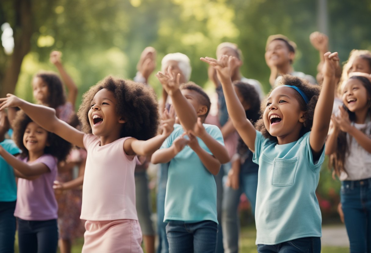 A group of children dancing and singing along to Kidz Bop music, with parents and caregivers watching and clapping along