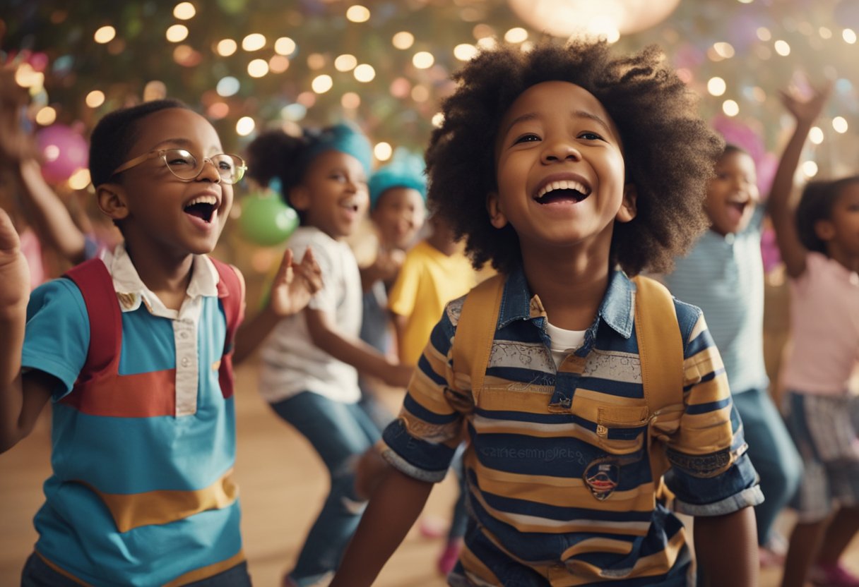 A group of children dancing and singing along to Kidz Bop music, with diverse cultural elements in the background