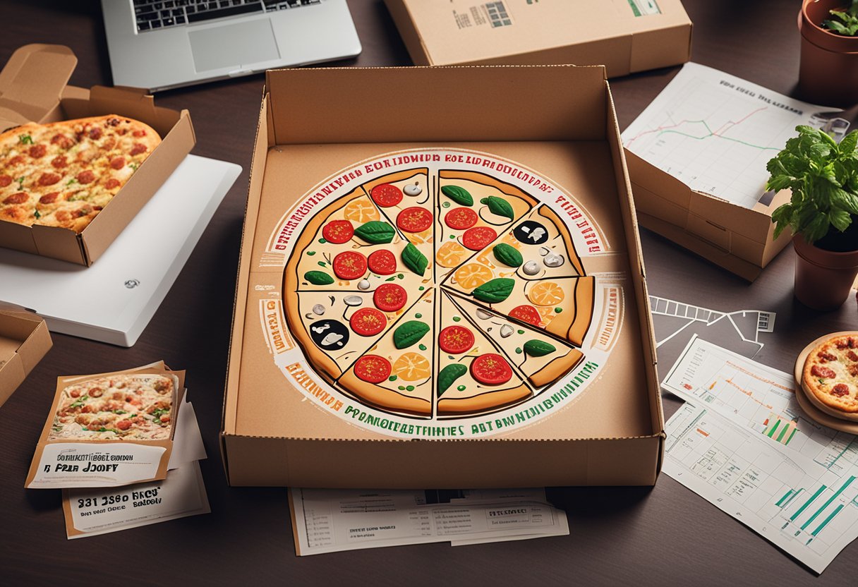 A pizza box with Papa John's logo sits on a desk, surrounded by charts and graphs. A hand reaches for the box