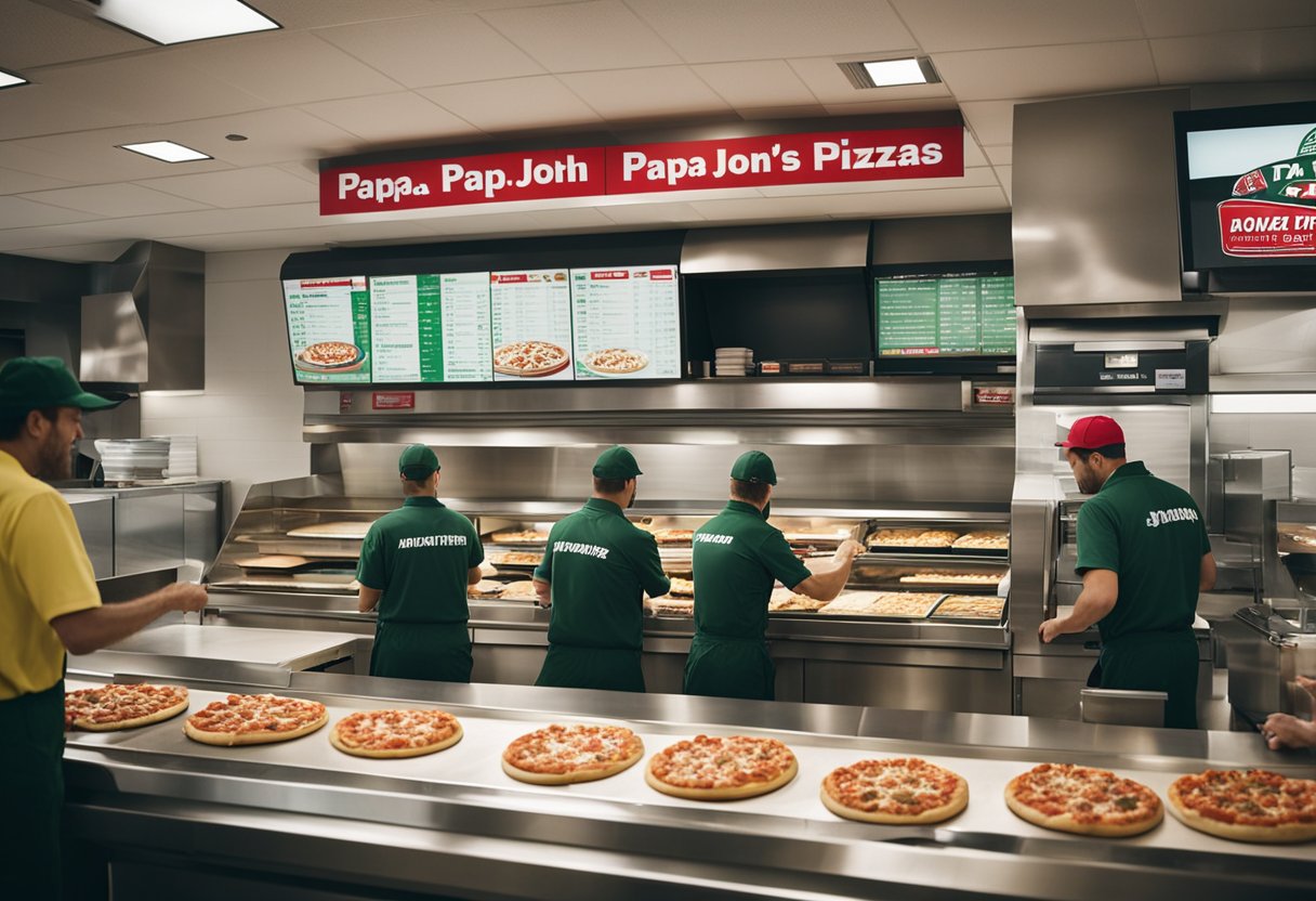 A bustling Papa John's store with employees preparing and delivering pizzas, while the owner oversees operations and interacts with customers