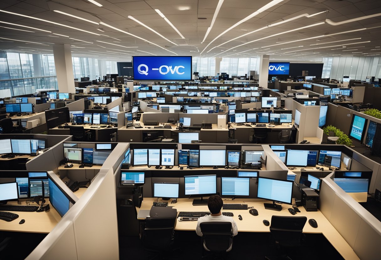 A bustling call center with employees engaging with customers over the phone and computer screens displaying QVC's products and promotions