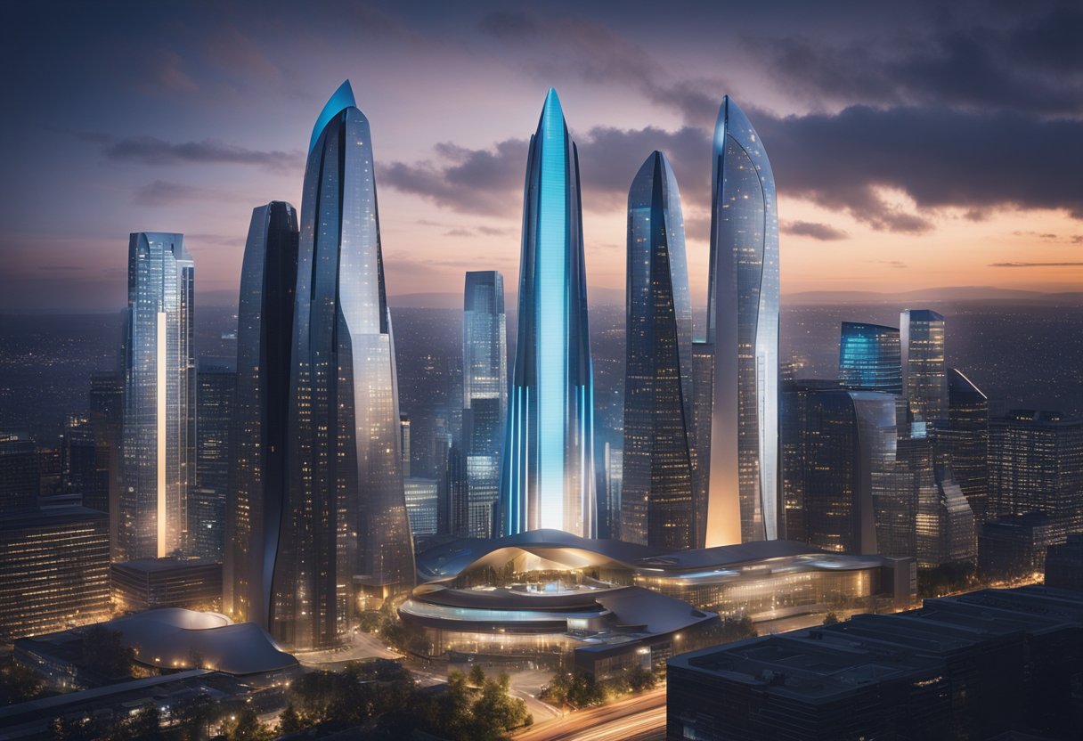 A futuristic city skyline with QVC headquarters standing tall among other sleek, modern buildings. Bright lights and advanced technology are evident throughout the scene