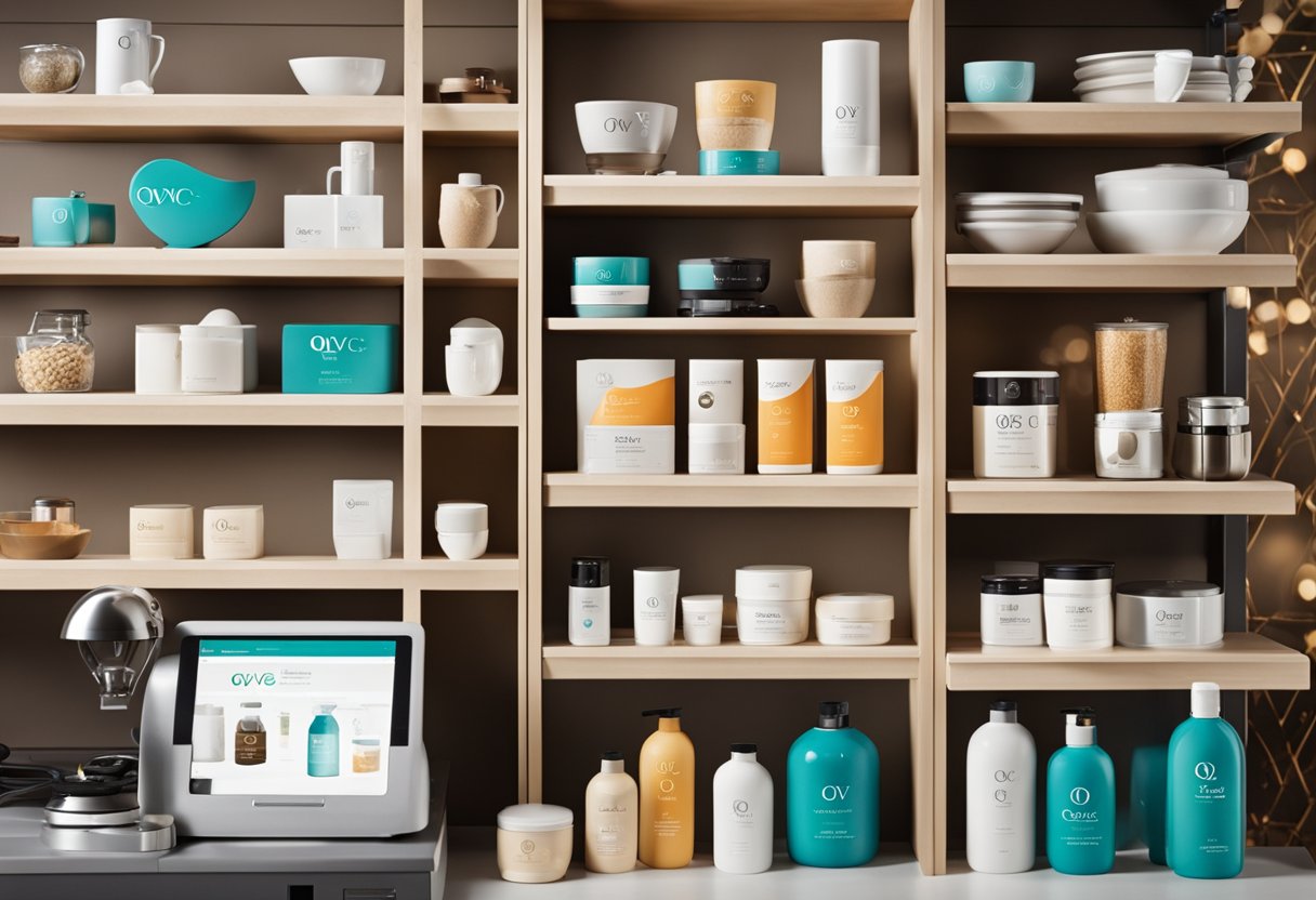 A collection of various products displayed on shelves and tables, with the QVC logo prominently featured in the background