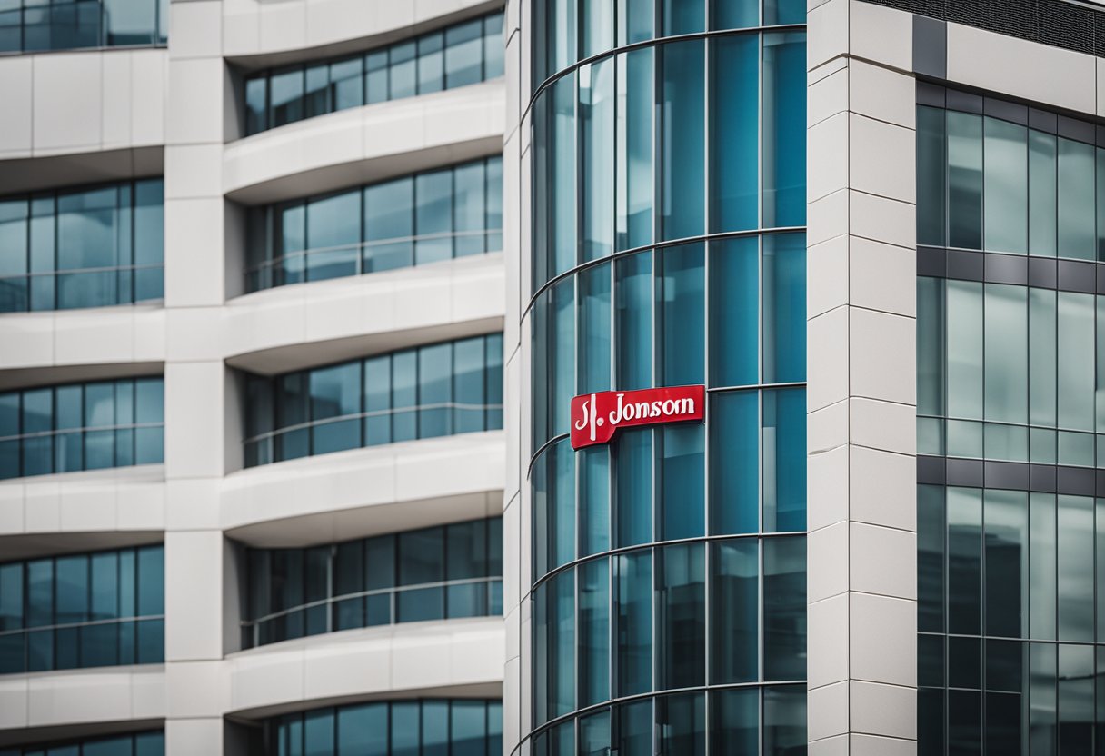 A modern office building with the Johnson & Johnson logo prominently displayed on the exterior