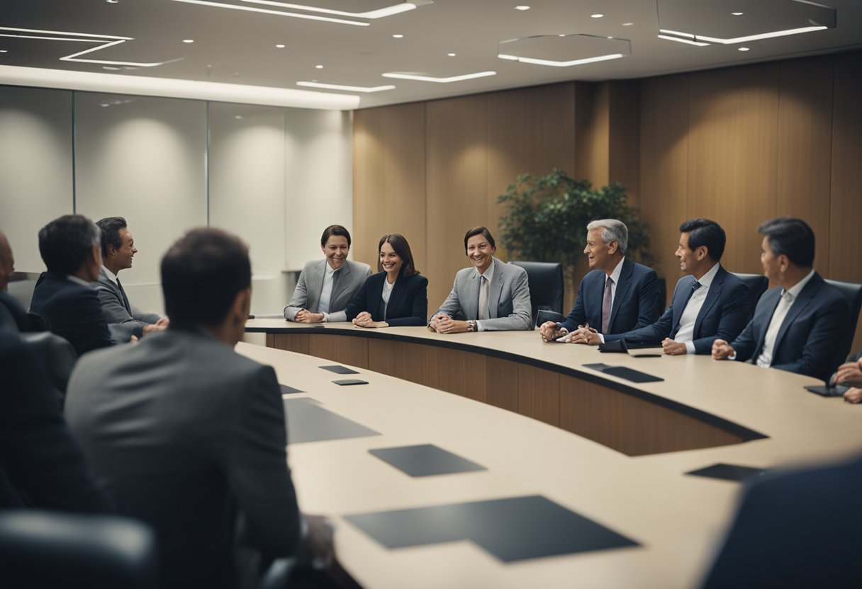 A boardroom meeting with executives and shareholders discussing ownership of Johnson & Johnson