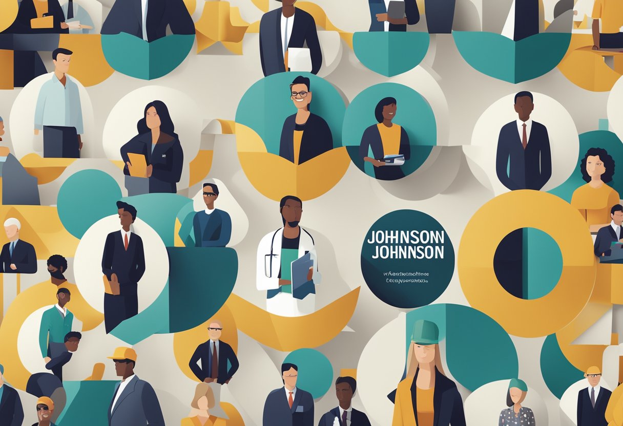 A group of people from diverse backgrounds working together to improve society, with the Johnson & Johnson logo displayed prominently