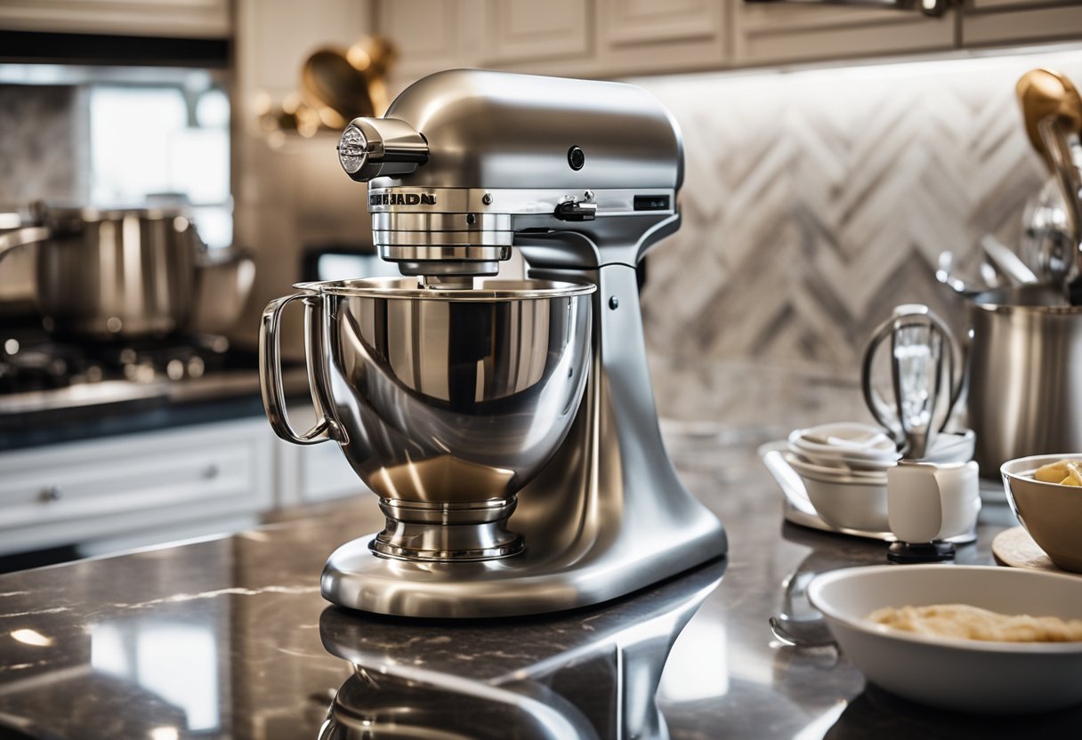 A pristine KitchenAid stand mixer sits on a marble countertop, surrounded by gleaming stainless steel appliances and neatly organized cooking utensils