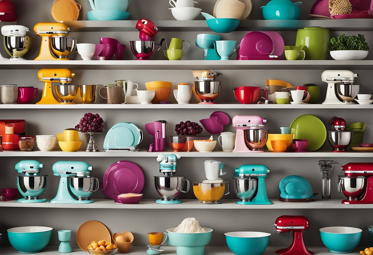 A colorful array of KitchenAid appliances and gadgets, including mixers, blenders, and other kitchen tools, showcasing the brand's innovation and product range