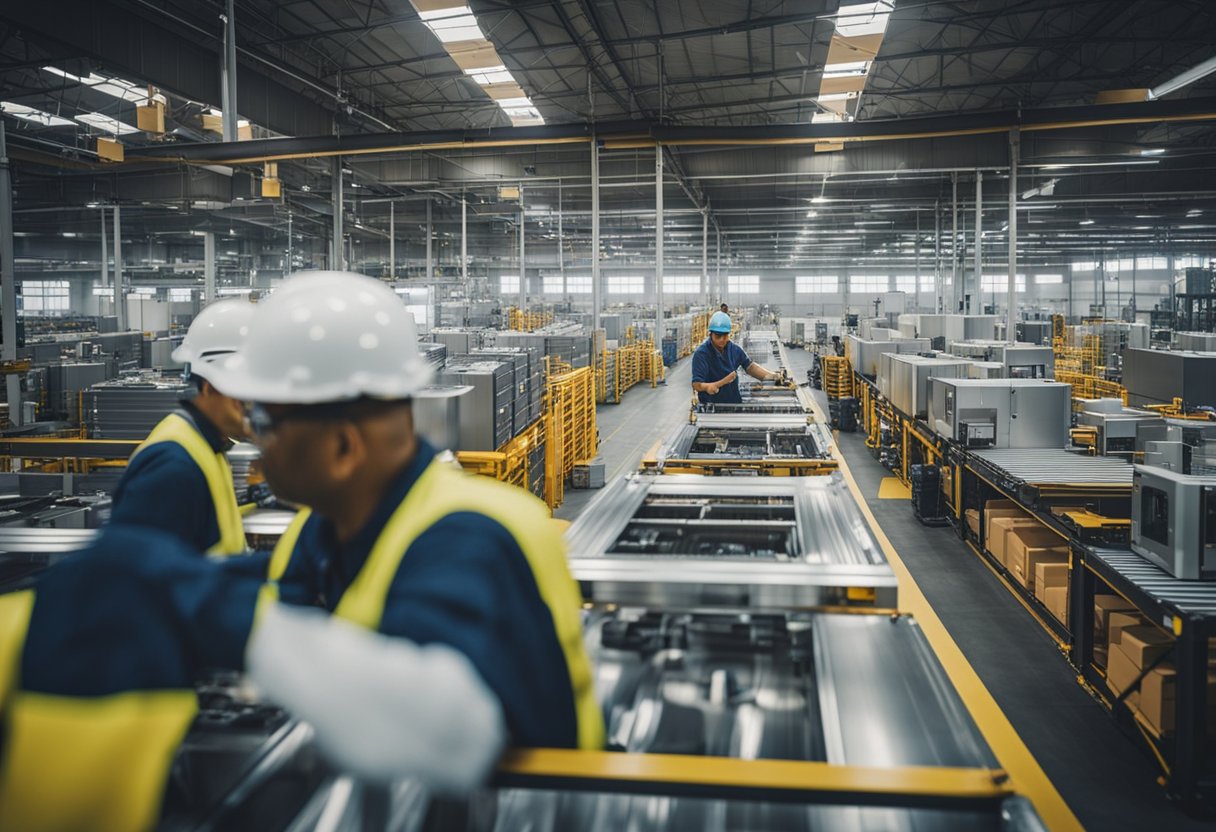 A bustling factory floor with workers assembling kitchen appliances, while shipping containers are loaded onto trucks for global distribution