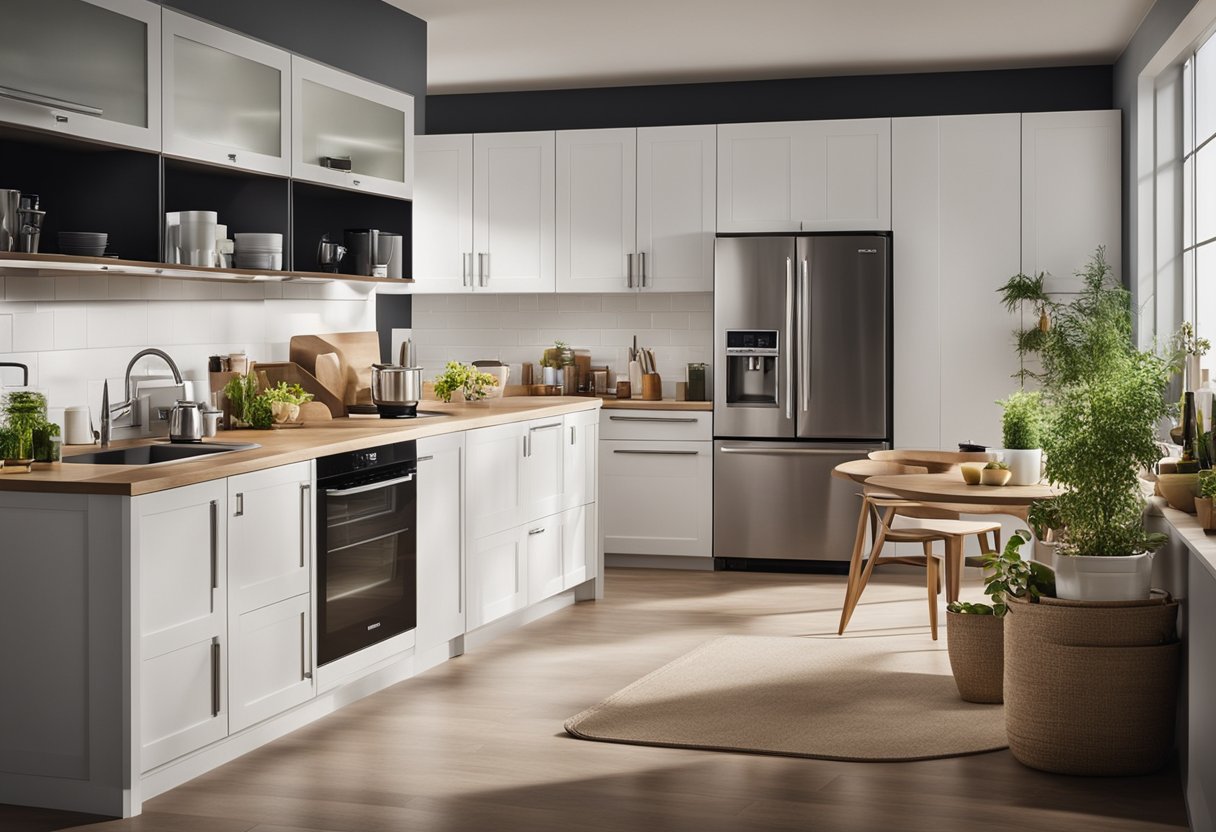 A modern kitchen with KitchenAid appliances, surrounded by eco-friendly products and recycling bins, showcasing corporate responsibility and sustainable practices