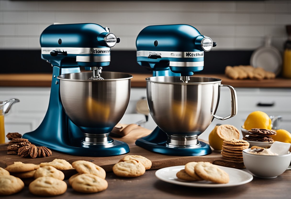 A person using a KitchenAid stand mixer to prepare a batch of homemade cookies, surrounded by various kitchen utensils and ingredients