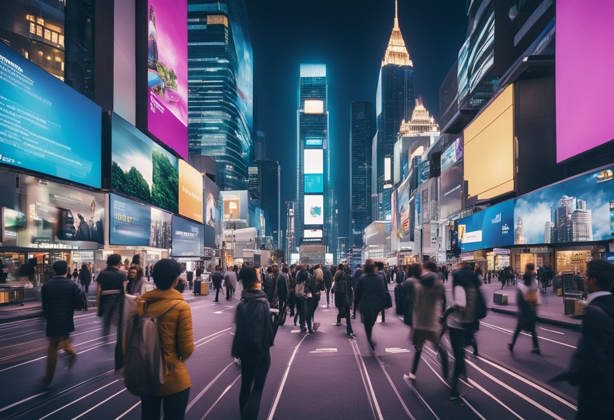 A bustling city street with people interacting with digital devices, surrounded by vibrant advertising billboards and skyscrapers