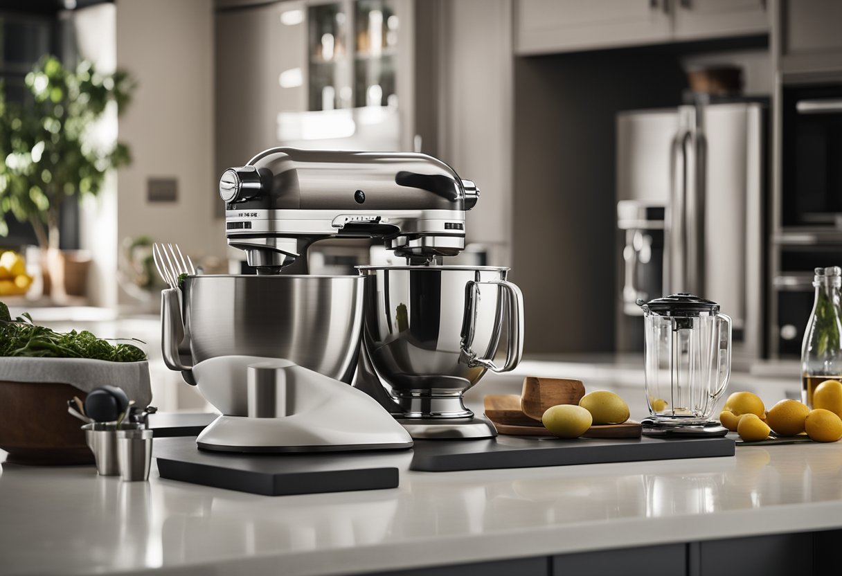 A modern kitchen with sleek appliances and a prominent KitchenAid mixer on the countertop