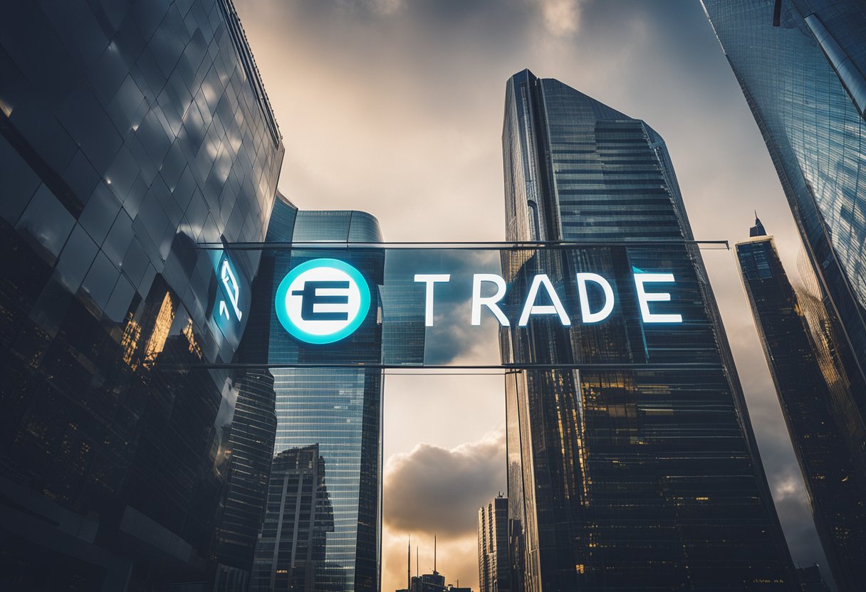 A futuristic city skyline with the e*trade logo prominently displayed on a towering skyscraper